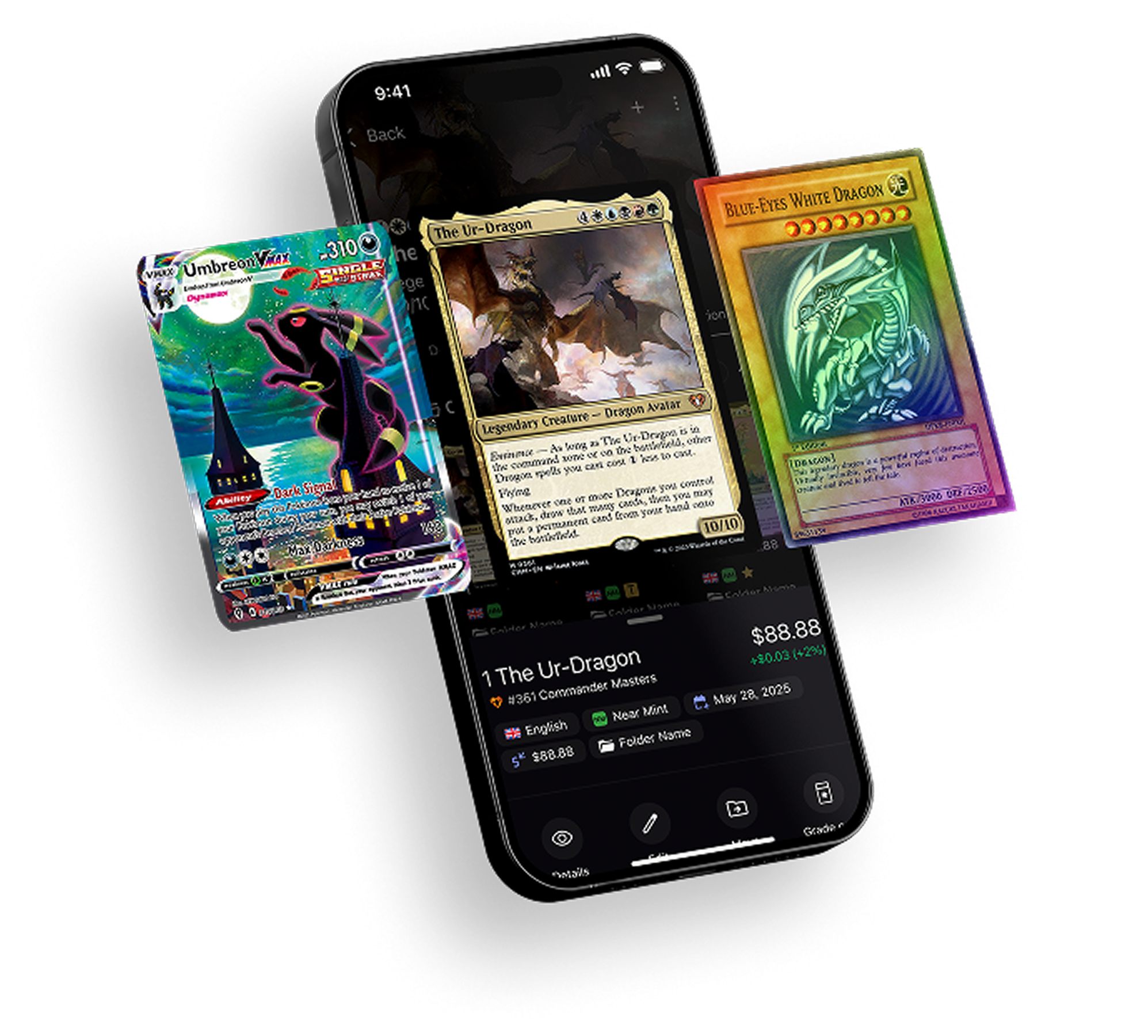 Mockup of a phone with 3 cards: 1 Umbreon (Pokemon), 1 The Ur-Dragon (MTG), 1 Blue-Eyes White Dragon (YGO)